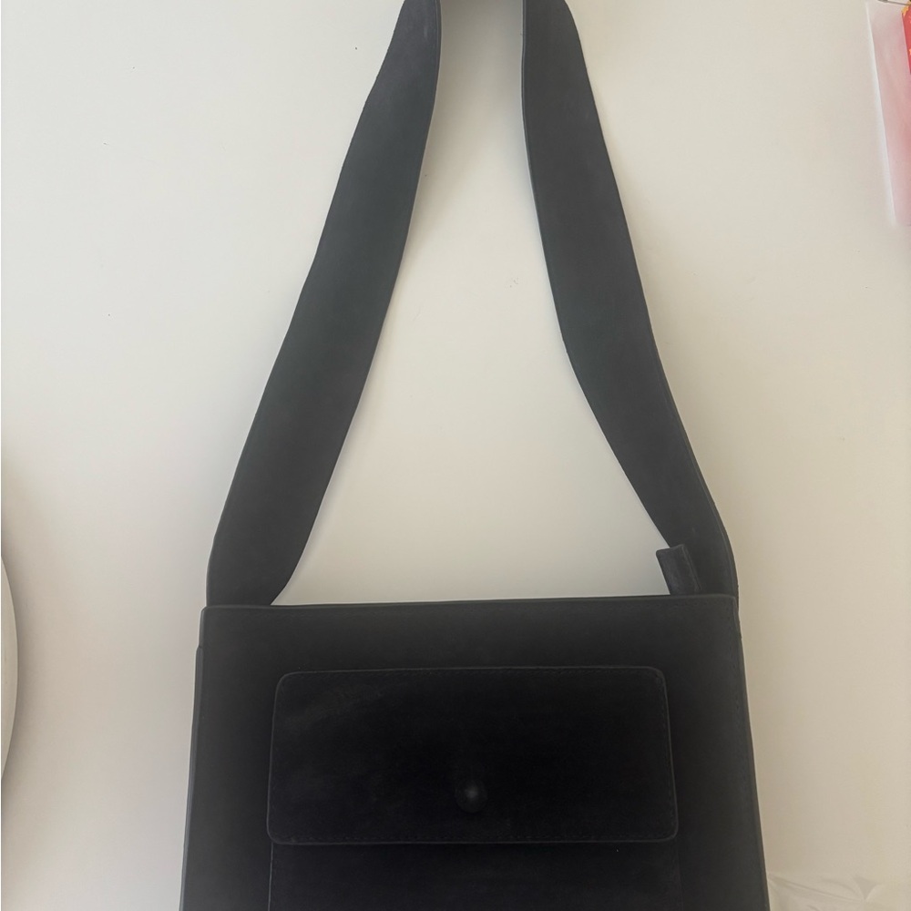 Elegant navy blue suede shoulder bag